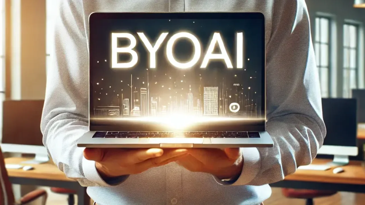 DALL·E 2024-10-10 10.52.12 - An office worker standing and holding a laptop in their hands. Above the laptop, there is the text 'BYOAI' hovering in mid-air, glowing softly. The wo